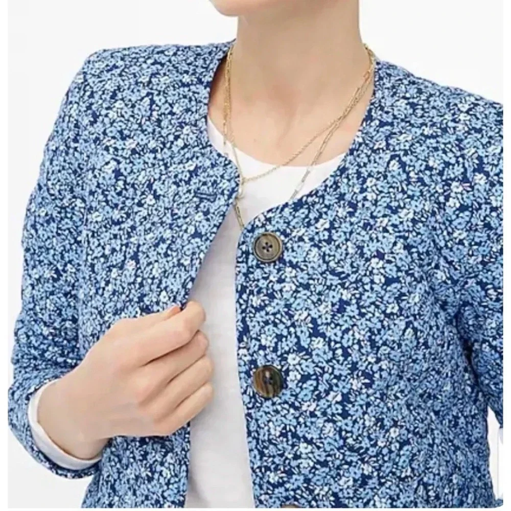 J.CREW Women Short Quilted‎ Cotton Blend Blue Floral Jacket Womens 8